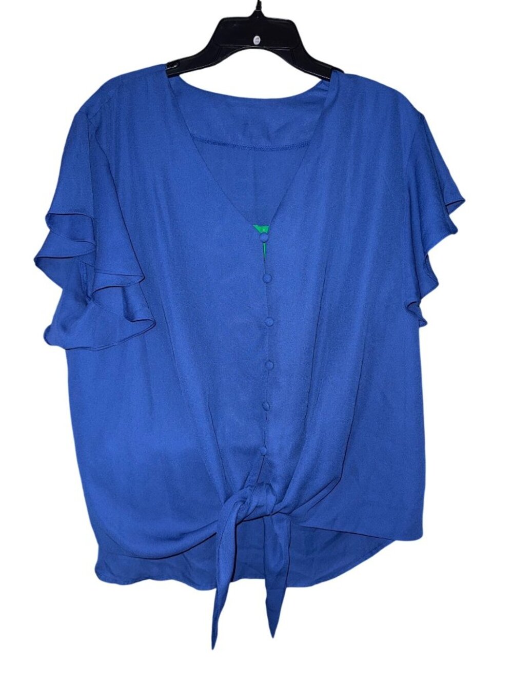 Blue Ruffle Sleeve Button Front Tie Waist Blouse 2XL